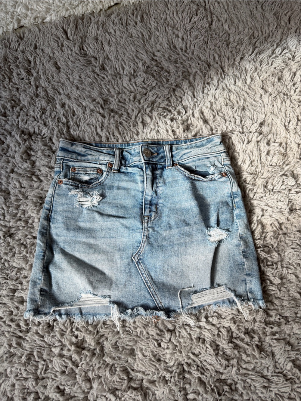 American Eagle Outfitters Light Blue Denim Mini Skirt with Leather Patch